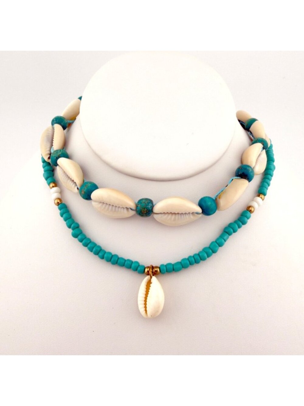 Cowrie Shell Bead Layered Necklace Set Boho Beach Coastal Turquoise Color